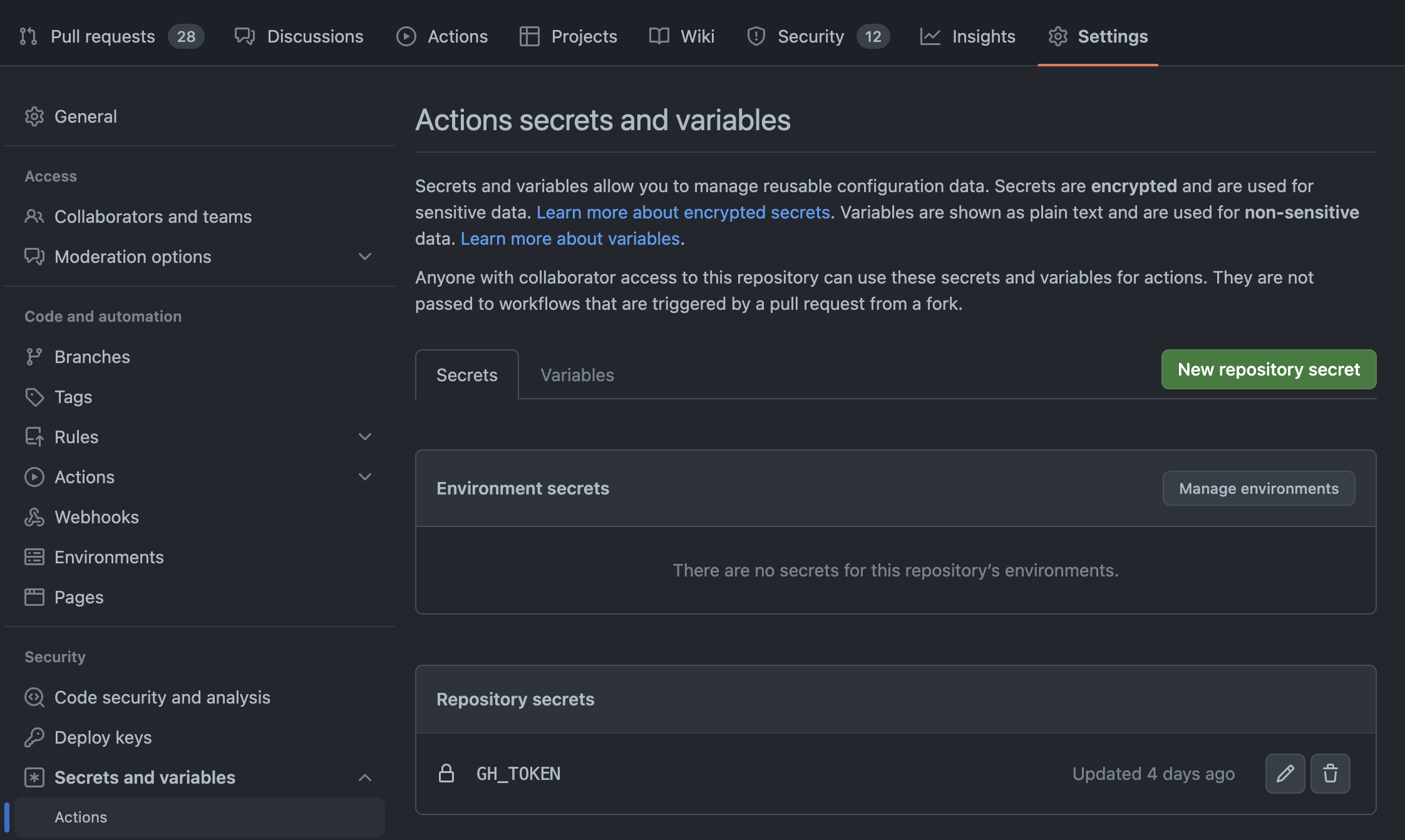 Current GitHub UI for storing environment variables as part of GitHub Actions