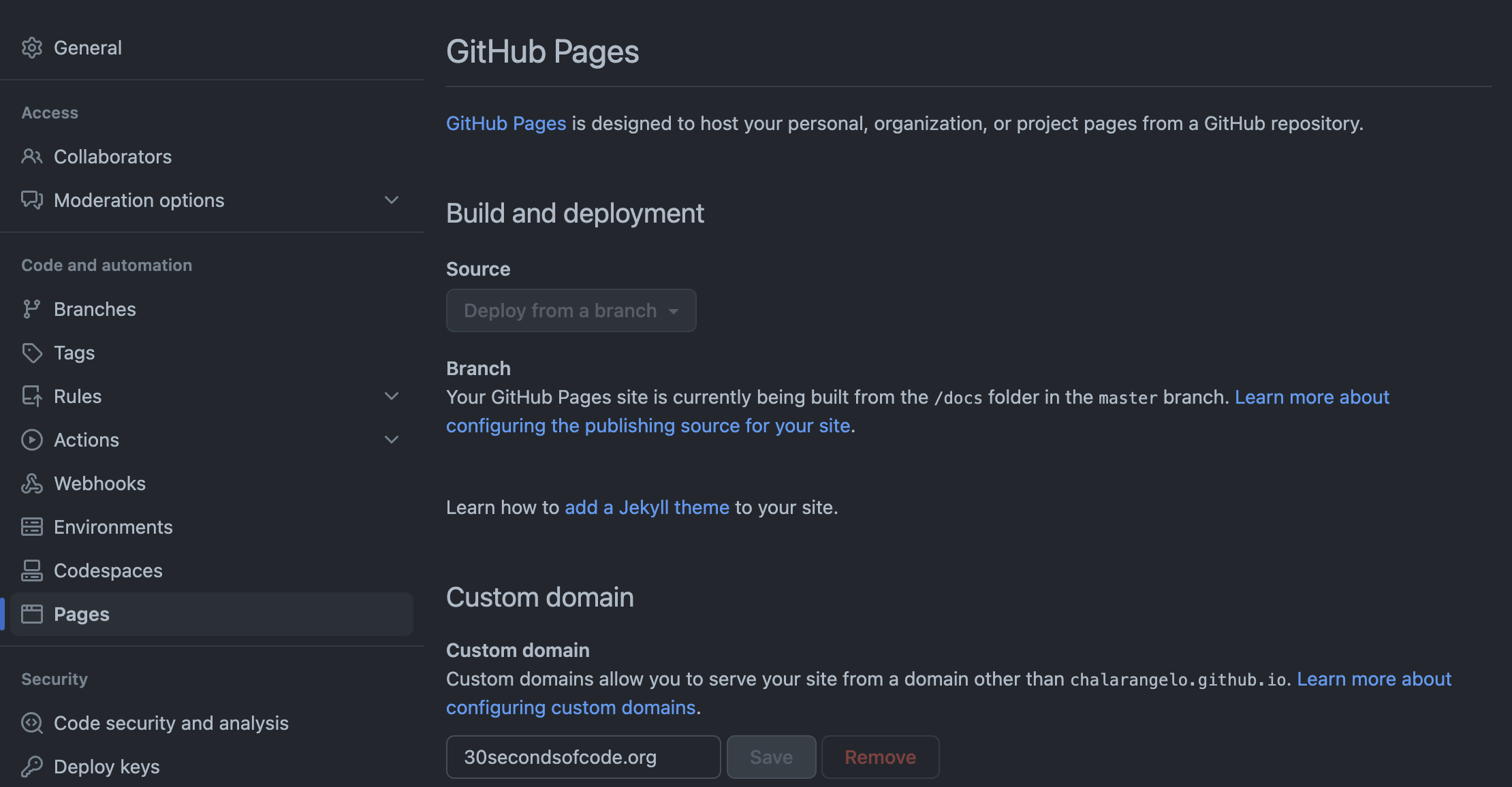 Approximation of the GitHub Pages configuration in the current GitHub UI