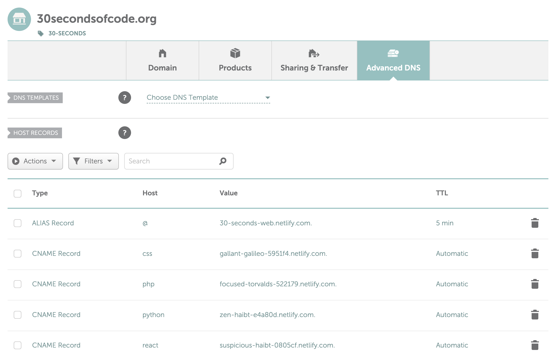 Current DNS setup on Namecheap, showing old subdomain setup
