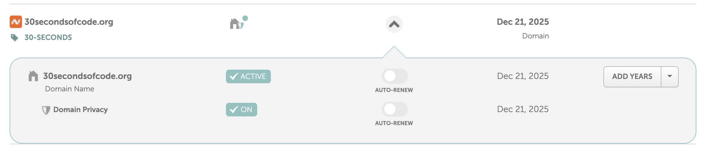 Namecheap's current UI with some information about the website domain