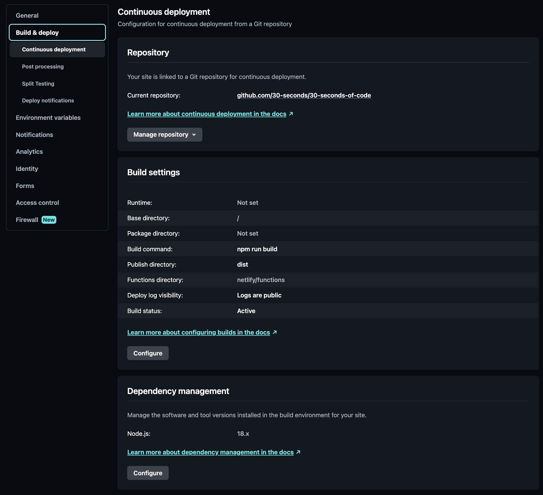 Part of the current website deployment setup in the current UI of Netlify