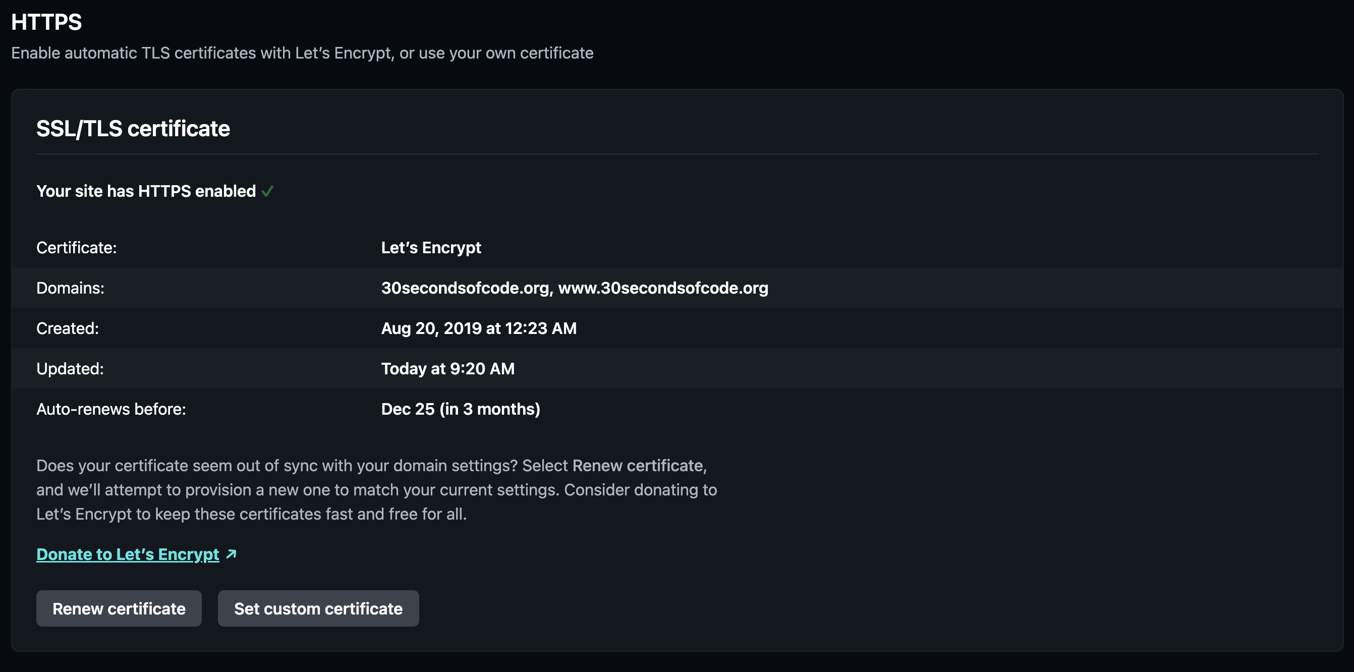 SSL panel in Netlify's current UI